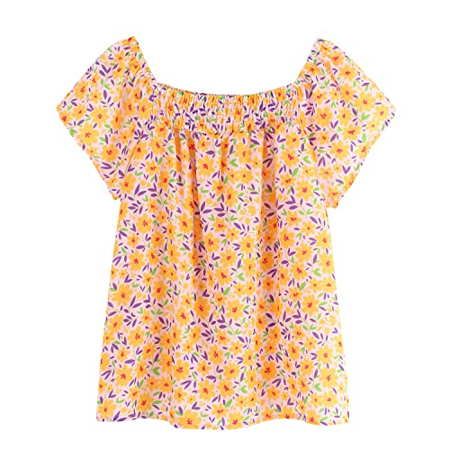 Jeskids Girls Frilly Shirred Shirts Flutter Sleeve Square Neck Top Summer Blouse 4-5 T Yellow Floral #TOP26