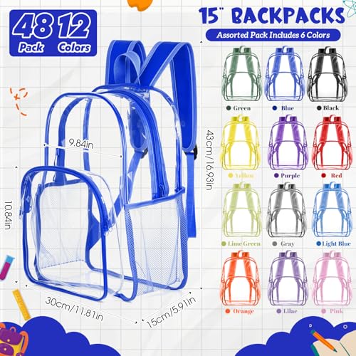 Image of Amylove 48 Pcs Clear Backpack bulk for Stadium Events Heavy Duty PVC Transparent Bookbag for College Workplace Security (17 Inches,12 Colors)