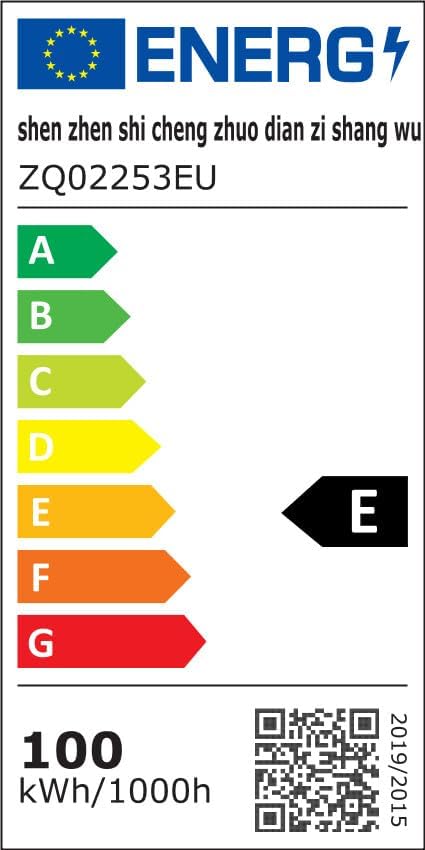 EU Energy Label for the WZYBUTA ZQ02253EU product, showing energy efficiency class E and 100 kWh/1000h consumption.