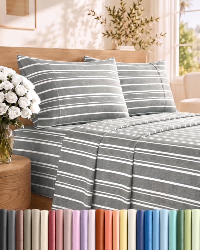 Queen Size 4 Piece Sheet Set - Breathable & Cooling Sheets - Grey Stripes