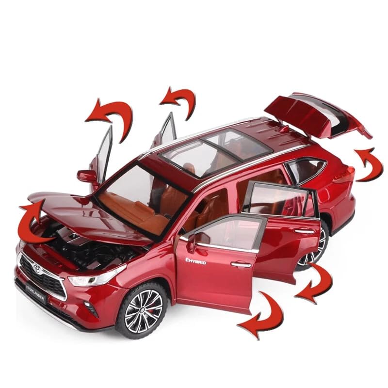 Image of 1:24 Toyota Highlander SUV Model Car - Alloy Diecast Pull Back Toy with Sound, Light & Openable Doors - Gift for Kids Boys Girls (RED)