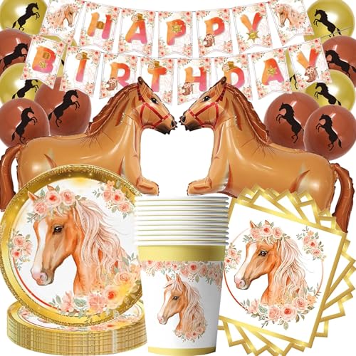 Pferde Geburtstag Deko Set Pferd Partygeschirr Partyzubehörset Pferde Pappteller Tassen Servietten banner Pferd Luftballon Folienballon Party Dekoration Set für 20 Gäste