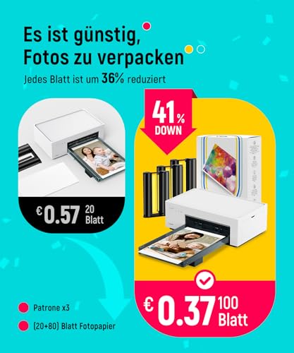 Liene Fotodrucker für Smartphone(10x15 cm)+Set mit 2 Packungen(20+80 Blatt) Fotopapier/Patrone,WiFi Handy Fotodrucker für iPhone/Android/PC, 300DPI Farbsublimation Sofortbilddrucker, Printer Portable