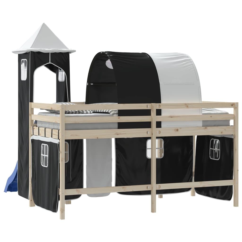 Vorhänge für Hochbett mit Tunnel und Turm Weiß Schwarz aus Polyester mit Aufbewahrungstaschen Betthimmel Zubehör für Kinderzimmer Spielspaß und sichere Befestigung am Lattenrost