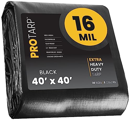 PROTARP Extra Heavy Duty 16 Mil Tarp Cover Waterproof UV Resistant Rip and Tear Proof Poly Tarpaulin with Reinforced Edges for Roof Camping Patio Pool Boat. (Black 40 X 40)