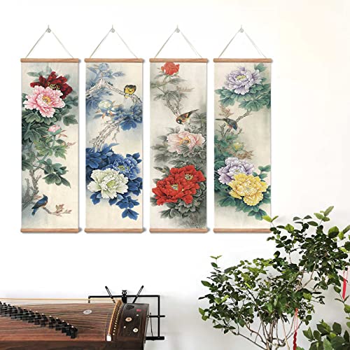 Yodooltly Peony Flower Painting,Wall Art For Living Room Bedroom,Chinese Traditional Meticulous Painting,Posters And Printing,4 Piece Set Fixed Wooden Hanging Scroll (12”X36”X4Piece) #TOP6
