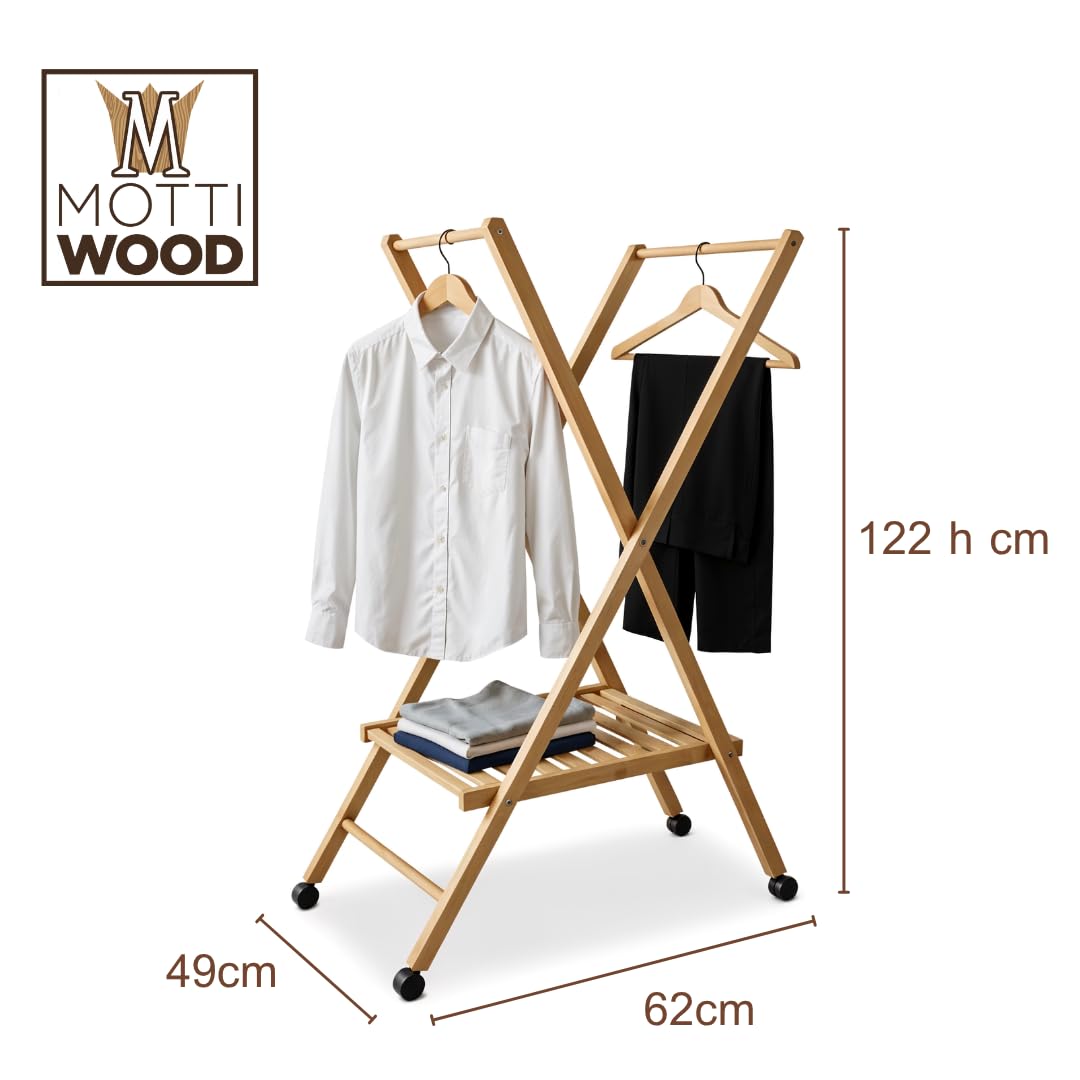 Stira & Perchero, carro perchero plegable y ahorra espacio, 100% madera de haya, ruedas multidireccionales, 62,49 x 122 cm, perchero de hombre, fabricado en Italia