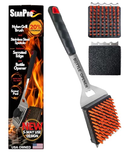 5-in-1 Grill Brush Combo by SearPro BBQ Cleaner Scraper Barbecue Tool Accessories Kit Heat Resistant Nylon Bristle Spatula Outdoor Smoker Black Stone Grate Cast Iron Spatula Non-Wire Brush (5 in 1)