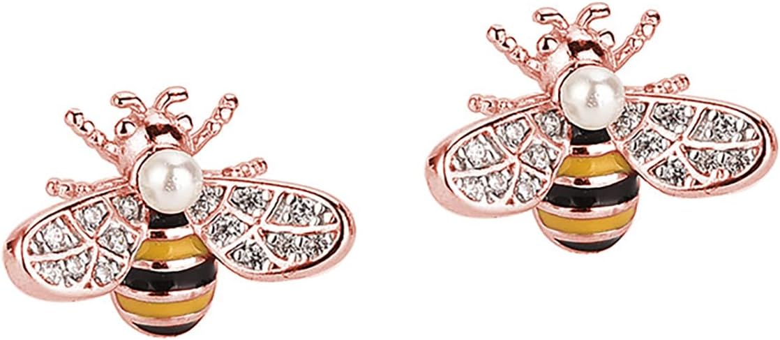 Reffeer Solid 925 Sterling Silver Cute Bee Earrings Stud for Women Teens Small Freshwater Pearl Bee Earrings