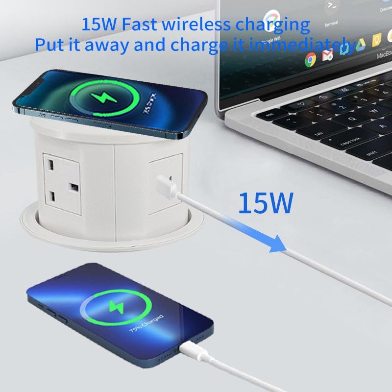 Image of Audiovan Motorized Sensor Touch Pop Up socket Pneumatic Electrical 3 Power 1 USB type A+C charge+ 15 watt Fast Wireless phone charge Kitchen Counter Conference Desk (White VMP-30)