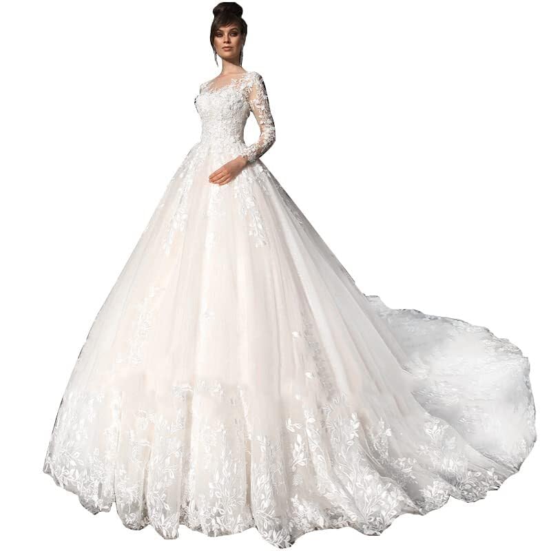 Women's Long Boho Beach Wedding Dresses for Wedding Lace Applique Tulle A Line Bridal Gowns with Sleeve HD904