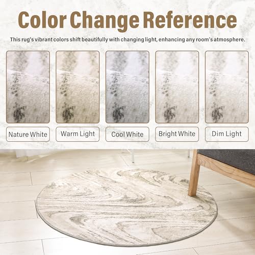 Image of Carvapet 3ft Round Rug Beige Modern Abstract Washable Low Pile Carpet