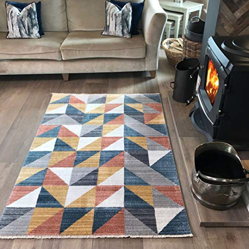 Modern Terracotta Blue Grey Graphite Mustard Geometric Triangle Rug Self Cotton Fringing Living Room Bedroom Rugs