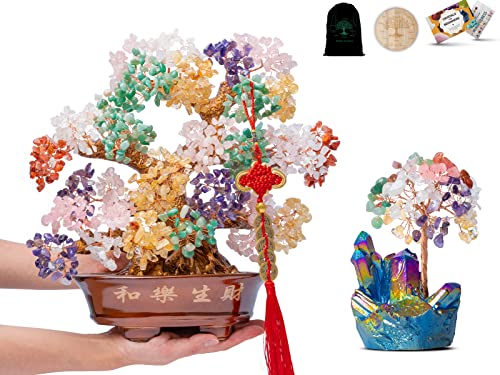 Bundle Of Two: One Seven Chakra Tree 14" Large Crystal Bonsai Tree, One Seven Chakra Crystal Tree On Rainbow Titanium Quartz #TOP9