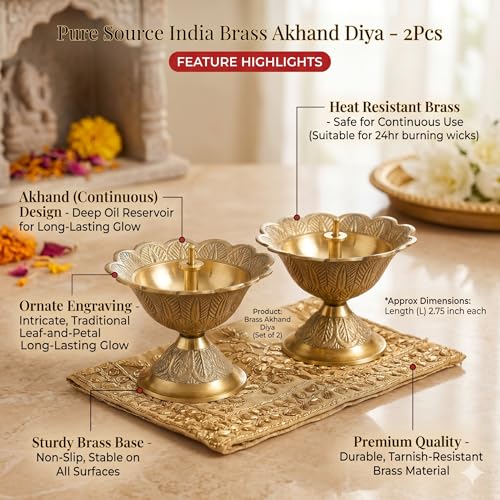 Image of Pure Source India Brass Akhand Diya /Oil Lamp for Pooja, Mandir and Home Decoration (L-2.75inch) 2pcs