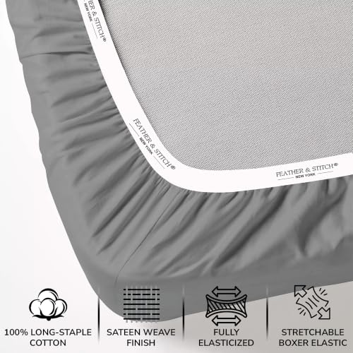 Image of Feather & Stitch 500 TC Full Size 4pc Damask Bed Sheet Set, 100% Soft Cotton Breathable Bedsheets, 18 inch Deep Pockets Sateen Weave Solid Bedding Mattress Resort Hotel Luxury Decor - (Ash Grey)