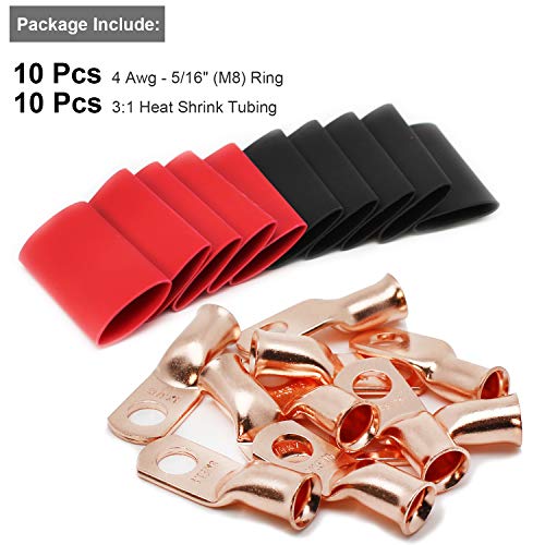 Image of 10pcs 4 AWG-5 /16 inch Battery Lugs,Copper Wire Lugs,UL Listed Heavy Duty Battery Cable Ends,Tubular Ring Terminals,AWG Crimp Wire Ring Lugs,Battery Terminal Connectors with 3:1 Heat Shrink Tubing