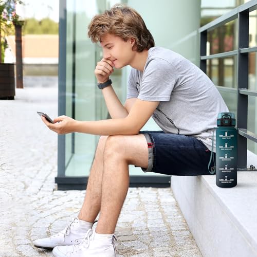 Sportflasche 1L, Motivierende Trinkflasche mit Zeitmarkierung, Wasserflasche Sport mit Filte, Kohlensäure Geeignet, Auslaufsichere Trinkflasche für Sprudel, Fahrrad, Laufen, Erwachsener, Sprudel