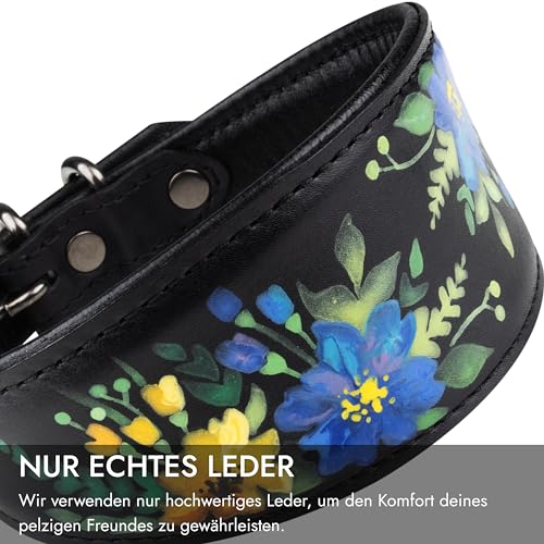 FAVPET Handbemalter Echtleder Windhund Halsband Breit mit QR Code Anhänger, Weiches Lederhalsband Hund Whippet Italienisches Windspiel Saluki Lurcher Spanischer Galgo Podenco (Blaue Mohnblumen, M)