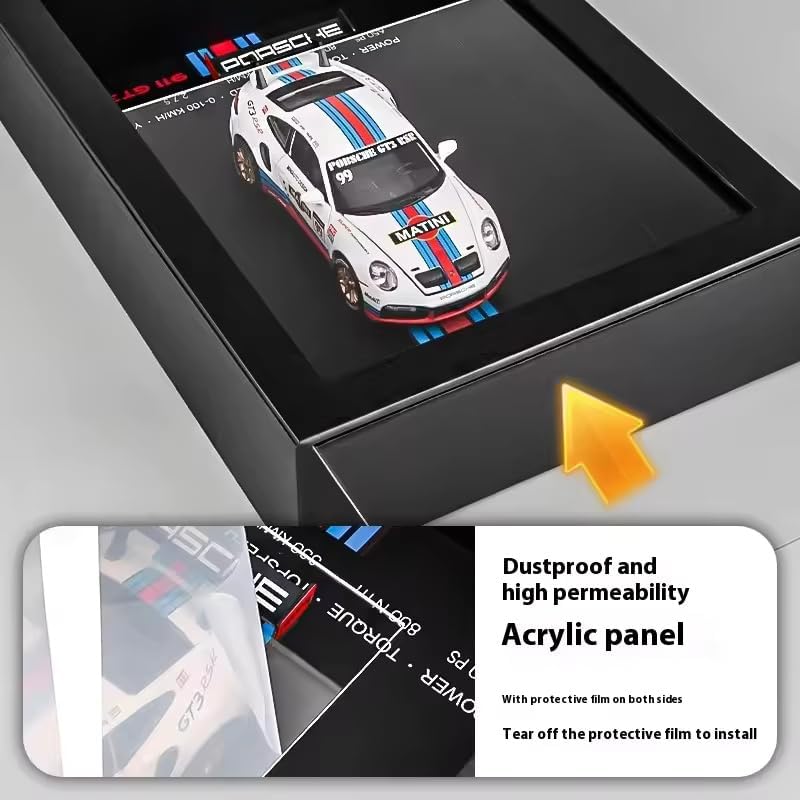 Image of Worshiper 3D Car Frame Wall Art Wooden Hanging Painting Frame with Removable Die-Cast Cars, Lights & Sounds Pull-Back Action & Opening Doors Collectible Display for Car Decoration (1:32 Porsche 911 GT3 RSR)