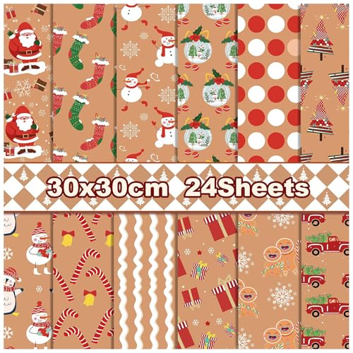 papel scrapbook,accesorios scrapbook, Papel con estampados navideños de doble cara, marrón, de 12 x 12 pulgadas, 24 hojas, for decoración de álbumes de fotos y tarjetas, 12 diseños