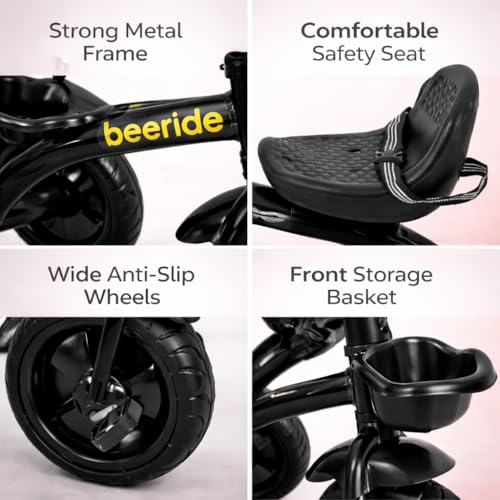 Image of Beeride Smart & Safe Kids Tricycle with EVA Wheels, Storage Basket & Seat Belt | 3-Wheel Tricycle for Toddlers Age 3-5 Years | Red Tricycle for Boys & Girls (Black)