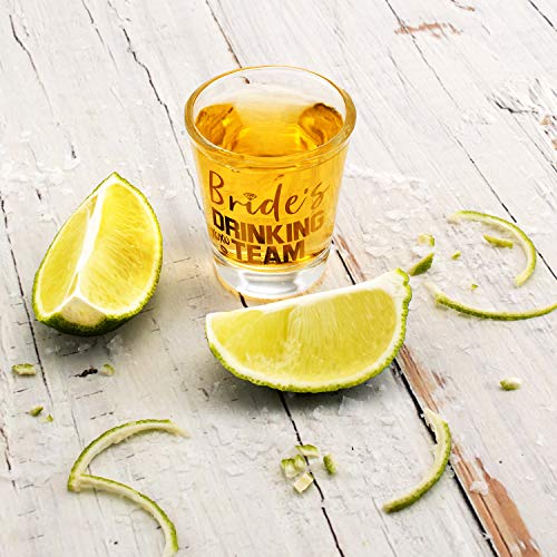 Bridesmaid Gifts - Set Of 7, Bride's Drinking Team Shot Glasses - 1.5 Oz, Pack Of 6 Bride's Drinking Team Member + 1 Bride's Drinking Team Captain - Bachelorette Party Favors - Gold Foil Print #TOP6