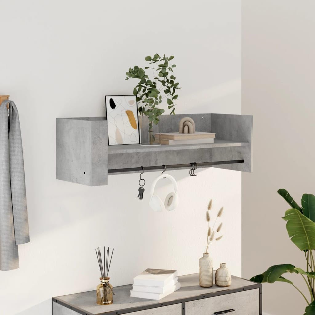 Estantería de pared, color gris hormigón, 100 x 35 x 30,5 cm, material de madera, con barra colgante, diseño moderno, resistente y ahorra espacio, para salón, pasillo, dormitorio, cocina
