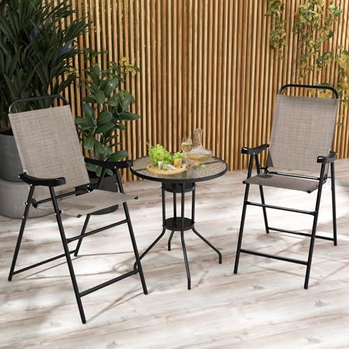 Image of COSTWAY 2 Pieces Patio Folding Bar Chairs with Metal Frame, Footrest, Arms | Outdoor Counter Height Bar Stools with High Backrest, High Top Chairs for Balcony, Garden, Deck, Porch & Poolside (Coffee)
