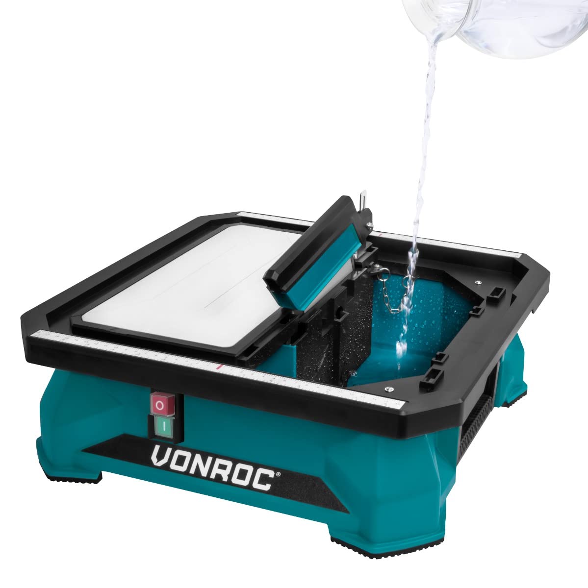 VONROC Tagliapiastrelle VONROC 650W - Piano Inclinabile 0-45°, Serbatoio Acqua, Lama Diamantata Ø180mm, Guida Parallela, Sicurezza Inclusa