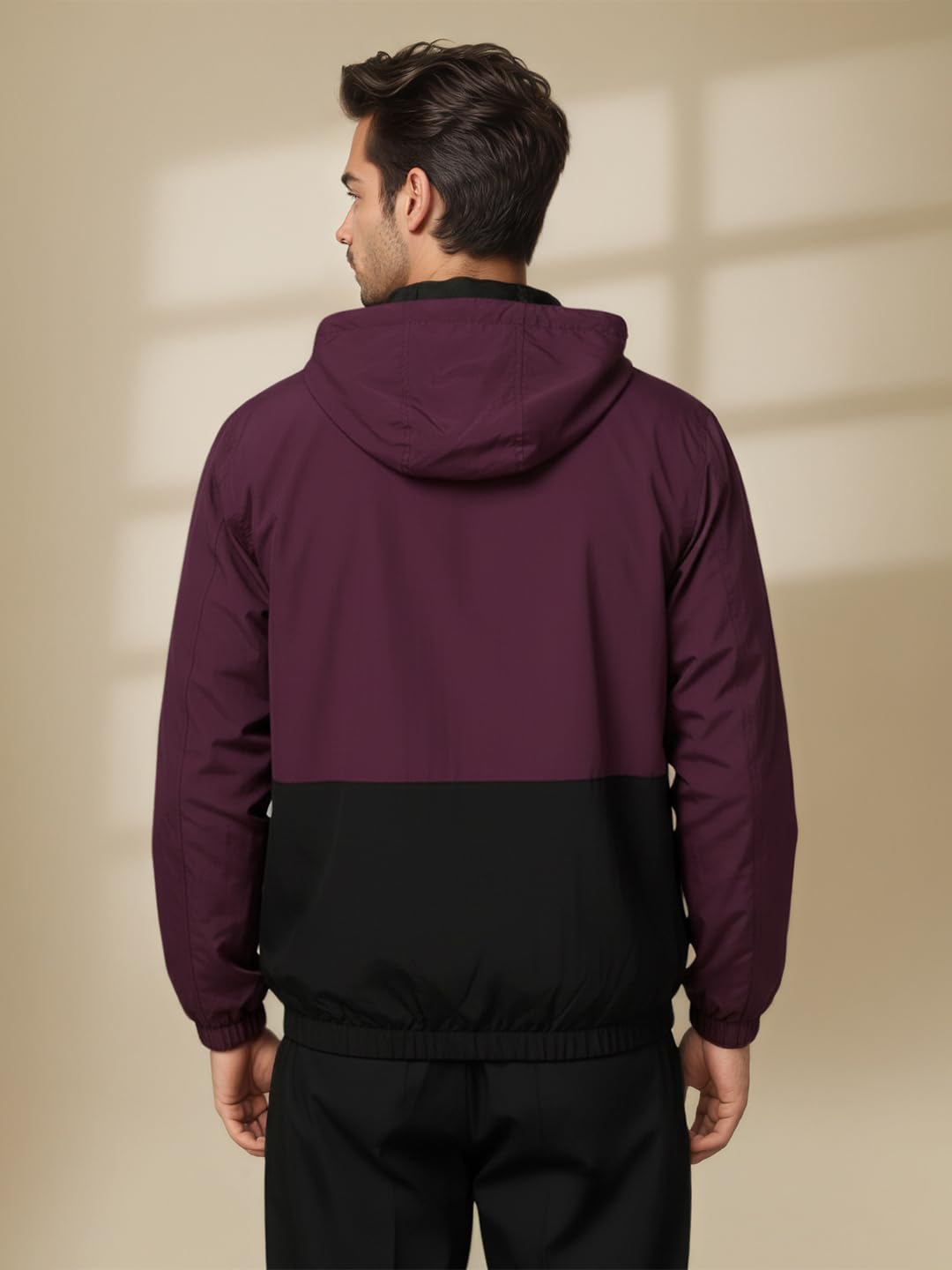 CHKOKKO Mens Stylish Oversized Windcheater Jacket with Zip Closure Lightweight Sportswear for Running Travel Hiking Outdoor and Rainy Season Wear MaroonBlack M 2