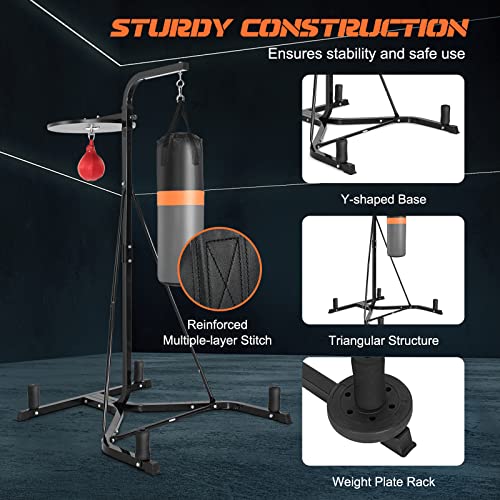 Gymax Boxing Stand With Filled Punching Bag & Speed Ball, 2 In 1 Height Adjustable Heavy Duty Boxing Station With Sandbag & Weight Plate Rack, Free Standing Box Machine For Adults Teenagers (Black) #TOP3