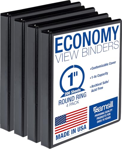Samsill 1 Inch 3 Ring Binders Economy Round Ring Clear View Cover 200 Sheet Capacity - for School Home Office - Black 4 Pack