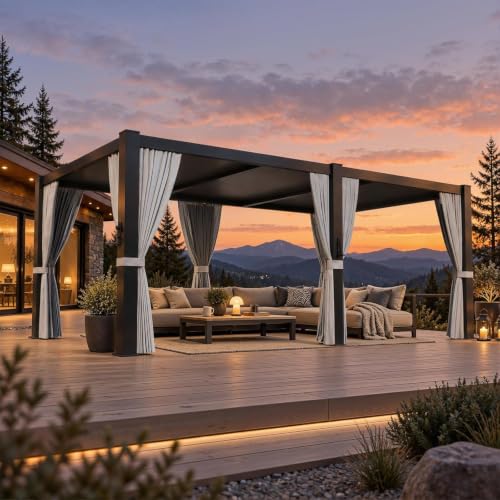 Aoxun Louvered Pergola 12x20 All-Aluminum, Waterproof Curtains and Netting | Outdoor Gazebo with 2 Independent Adjustable Roofs, Integrated Drainage System for Patios, Deck & Backyard