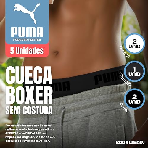 PUMA Kit 5 Cuecas Boxer Masculina Sem Costura Microfibra Poliamida Com Elástico 40MM Adulto, 2 Branc