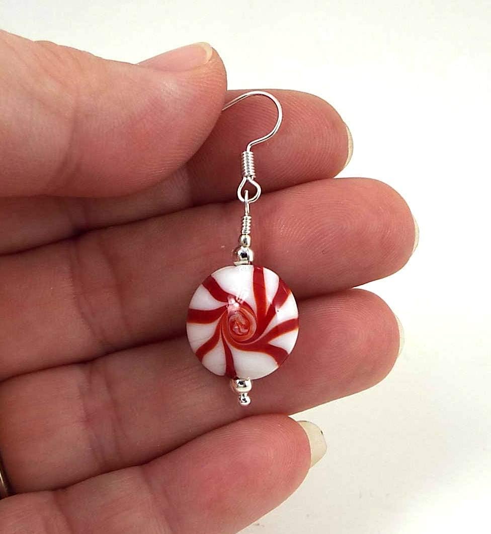 Peppermint Starlight Mint Candy Red Swirl Lampwork Glass Dangle Earrings for Christmas with Sterling Silver Ear Wires