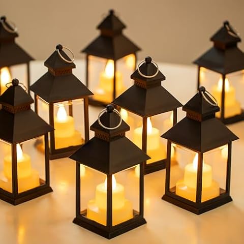 Romadedi Mini Lanterns Decorative for Centerpiece - 10 PCS Hanging Small Black Lantern Bulk with Flickering LED Candles for Halloween Decorations Wedding Decor Christmas Table, Batteries Included Cover