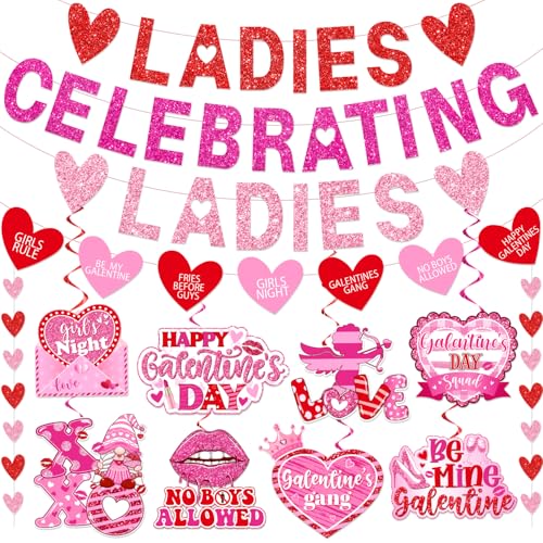 Galentines Day Decorations Ladies Night Decorations includes Ladies Celebrating Ladies Banner Heart Garland and Galentines Hanging Swirls Girl Lady Galentines Day Decorations for Office Home