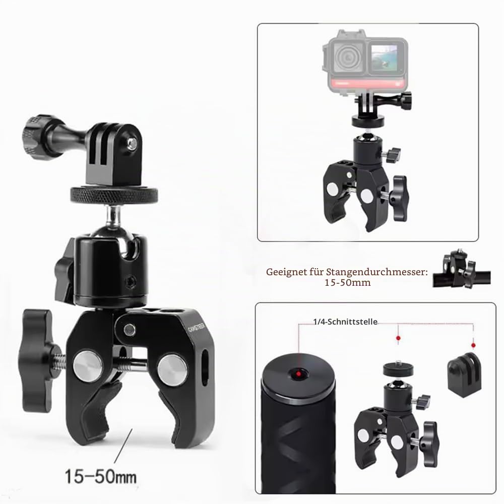 Lenker Action Kamera Halterung,Super Clamp Magic Arm Kamera Mount ,Action Kamera Motorrad Mount,mit verstellbare 193cm Selfie Stick,360-Grad-Drehung,Aluminiummaterial,für Insta360 XR2 DIY Montage