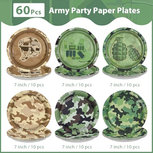 Image of 60Pcs Camo Army Birthday Party Paper Plates 7 Inch Disposable Heavy Duty Camo Military Dessert Plates Camouflage Military Decorations for Soldier Boys Men Army Hunting Birthday Party Supplies