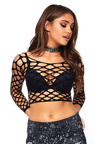 Leg Avenue Women's Sexy Long Sleeve Crop Top, Black Fishnet, O/S