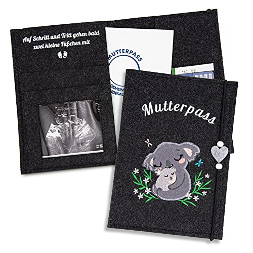 ZWEN Mutterpasshülle Koala grau - Mutterpasshülle filz für deutschen Mutterpass handmade - Mutterpass Organizer mit Fächern für Ultraschallbild, Impfpass etc. als Schwangerschaft Geschenk Cover