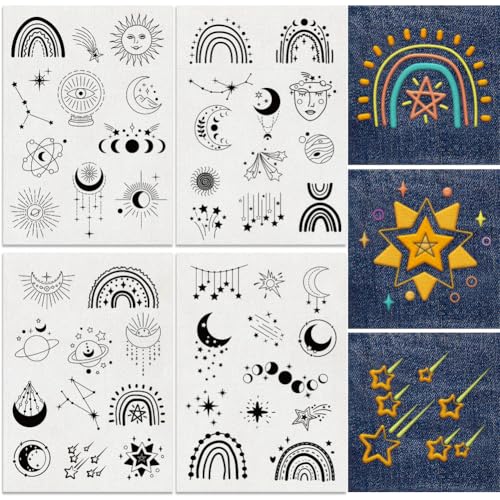 DOODLREAM Lot de 47 feuilles de stabilisateurs de motifs de broderie solubles dans l'eau, autocollants à broder à la main, à coudre à la main, soleil, étoiles, lune