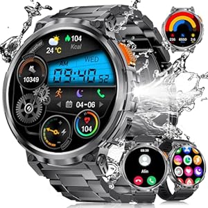 Smartwatch Herren mit Taschenlampe/1.85“ HD Display/730 mAh Akku Telefonfunktion Smart Watch mit 120+ Sportmodi, IP68 Wasserdicht Fitnessuhr with 24/7 Herzfrequenz, SpO2 für Android iOS 3 Gurte