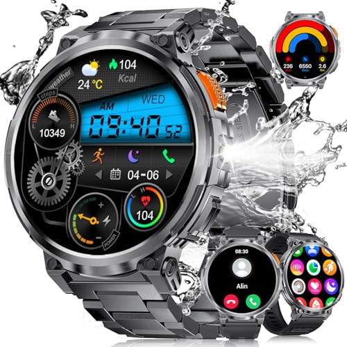 Montre Connectée Homme avec Torche LED, 1,85'' HD Grand Écran 730mAh Montre Connectée avec Appels...