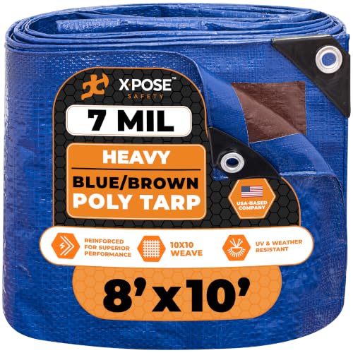 Image of Xpose Safety 8' x 10' Heavy Blue /Brown Tarp - Waterproof - 7 Mil Weatherproof Camping Tarp for Tent, Rain, Wind & Sun - Plastic Tarpaulin Cover Outdoor for Roof, Trailer, RV, Car, Boat
