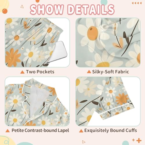 Beauty Daisy Satin Summer Pajama Sets Silk Short Sleeve Button Down Sleepwear3