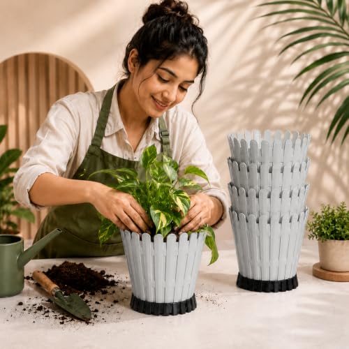 Image of TechHark Decorative Round Planter Pot with Picket Design, Gray with Black Base, 15 cm, Pack of 5