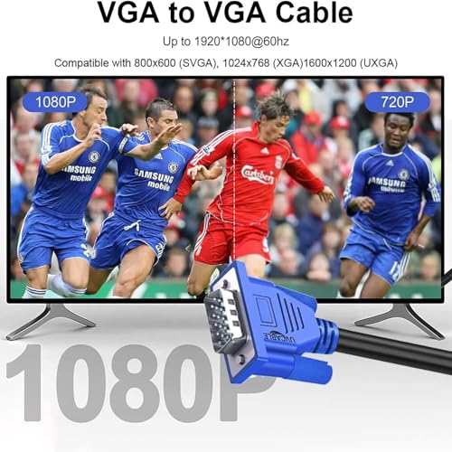 Image of 15-Pin Male to Male VGA Cable (Blue) - 6ft /1.8m Video Cable for PC, Monitor & Projector - Durable Design with Crystal Clear 1080p Video Transmission