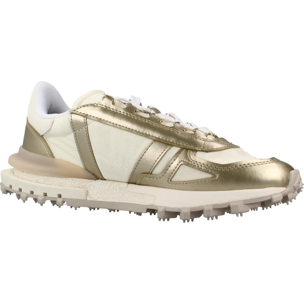 Lacoste Elite Active Zapatillas Running Años 70, Blanco y Dorado, Nailon y Ante, Suela de Caucho, Estilo Deportivo Retro